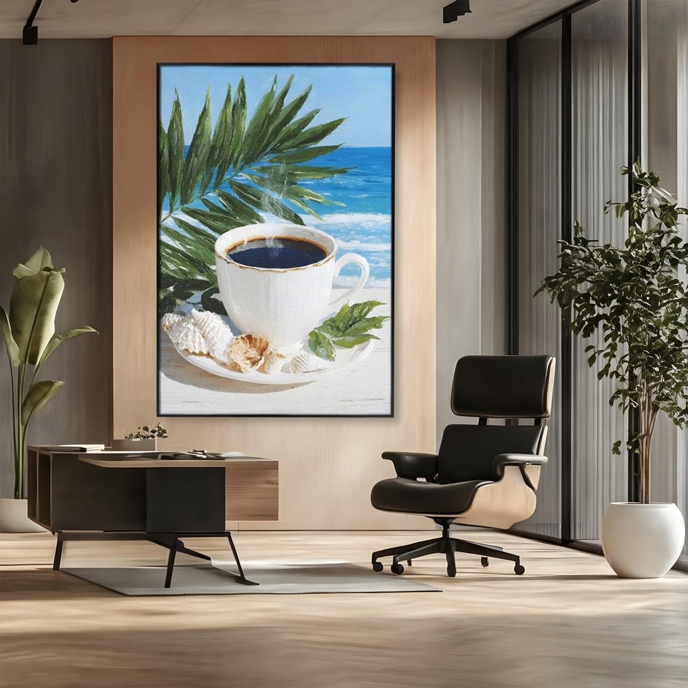 Tablou canvas cu tablou canvas cu ceasca de cafea pe plaja, in rama de aluminiu negru, pe perete intr-un birou
